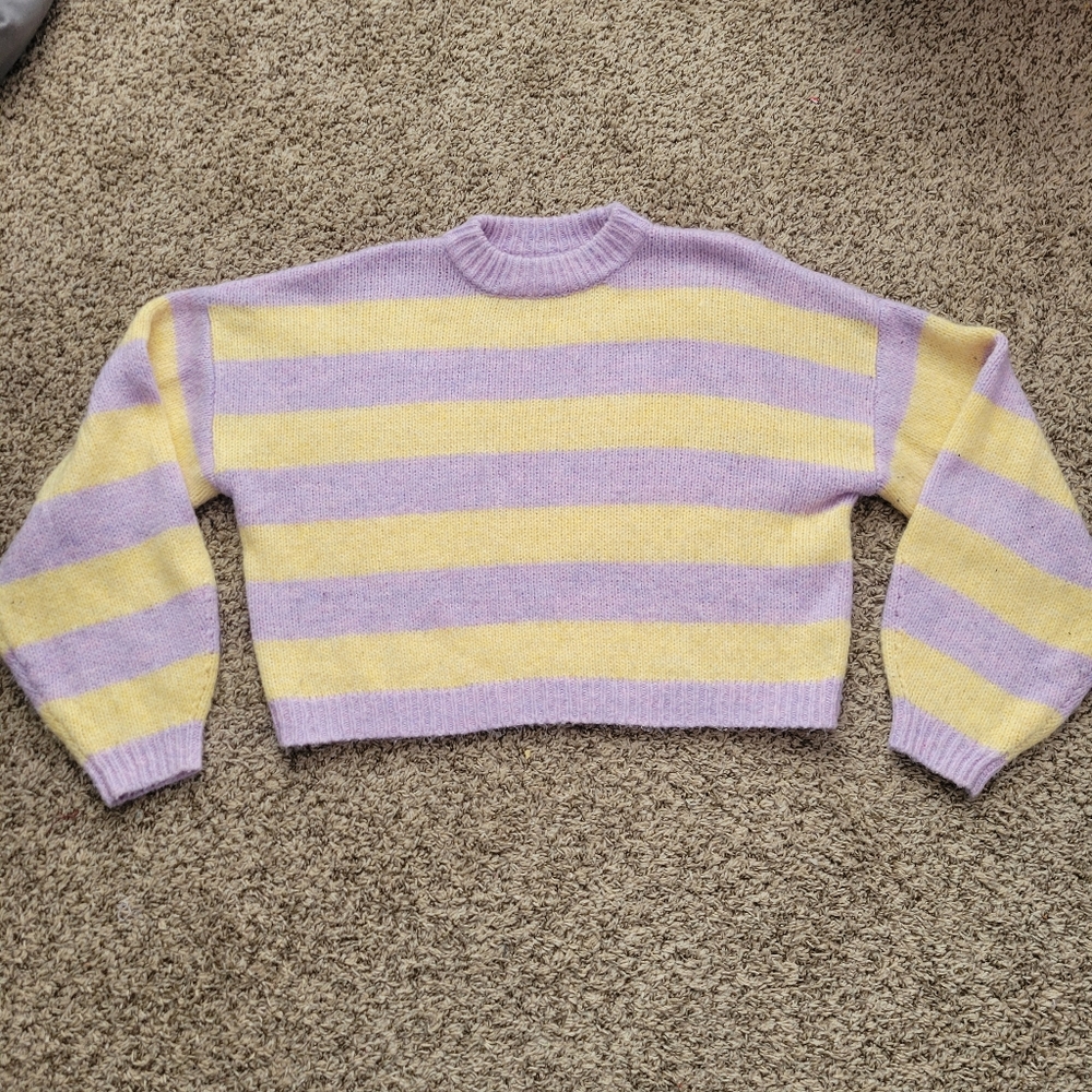 Topshop Sweater Striped Purple Lilac Lavender Yellow Crew Neck Size Small